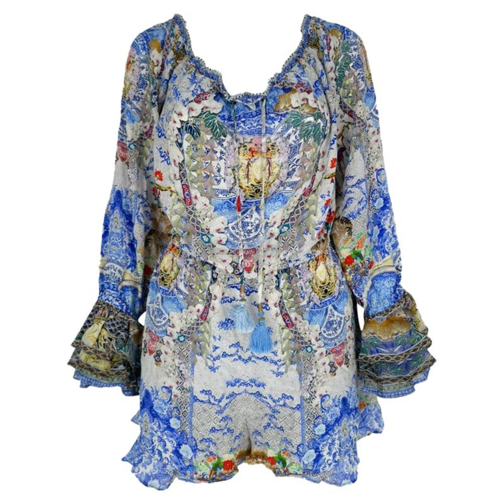 Camilla V-Neck Printed Romper in Multicolor Silk
